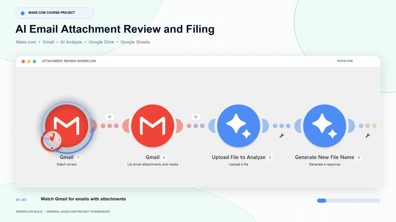 Animated walkthrough of a Make.com attachment-review workflow, highlighting modules from Gmail monitoring and AI filename generation through Google Drive upload, Google Sheets logging, and email notification
