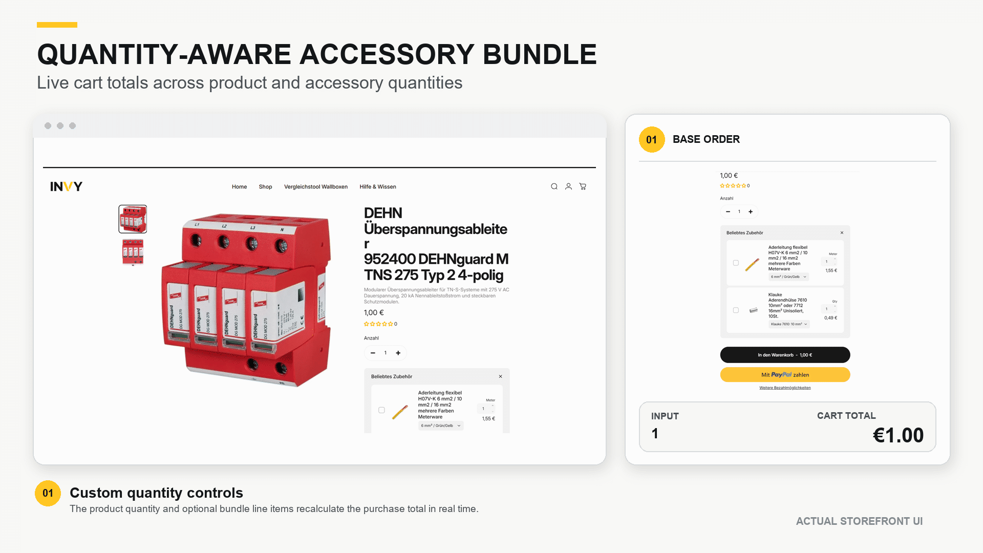 Animated INVY product page demonstrating quantity changes, accessory selection, and recalculated bundle totals