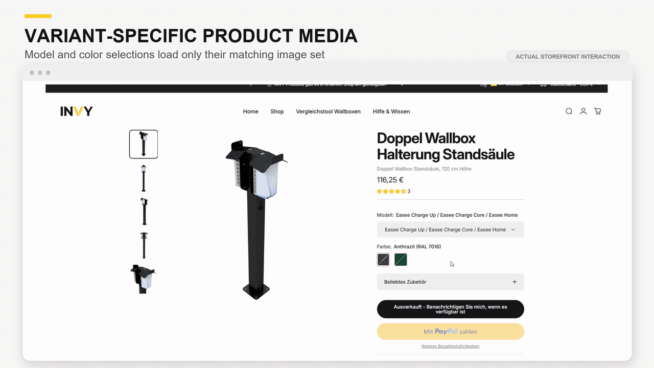 Animated product gallery switching image sets as different wallbox models and colors are selected