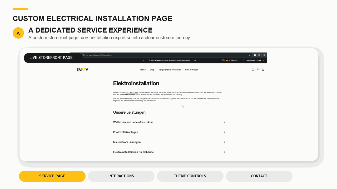 Animated custom Shopify service page showing service accordions, project cards, detail modal, theme controls, and contact section
