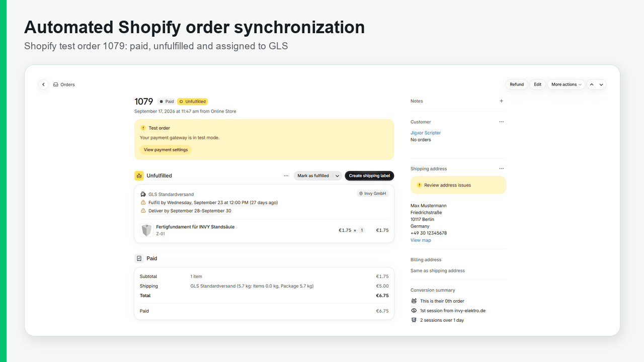 Animated comparison of Shopify test order 1079 and its matching Billbee order, product, inventory, and shipping information