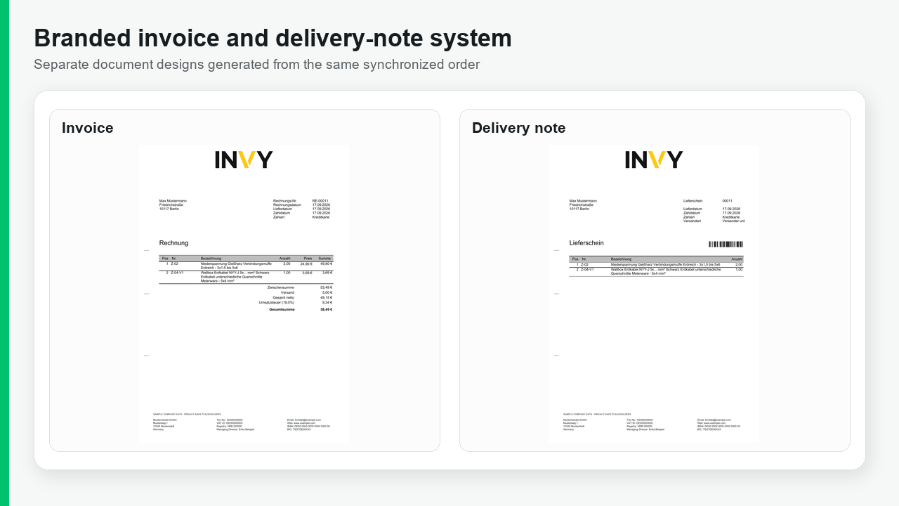 Animated comparison of privacy-safe branded invoice and delivery-note PDFs followed by their separate Billbee layout and PDF-background configurations